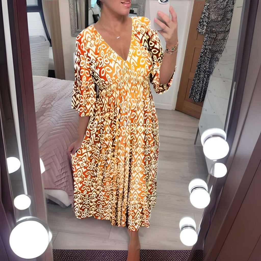 Boho Midi Dress V-Neck Flowy Printed Bell Sleeves - Yellow