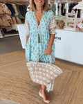 Boho Midi Dress V-Neck Tassel Details Flowy Silhouette - Blue