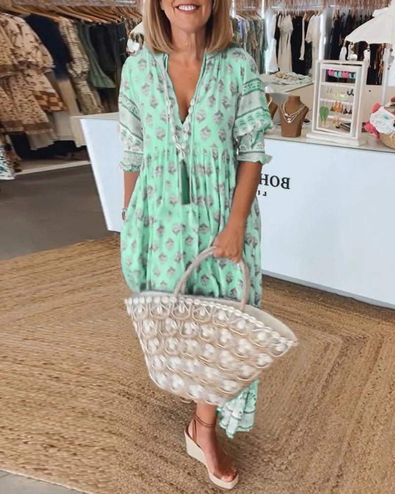 Boho Midi Dress V-Neck Tassel Details Flowy Silhouette - Green
