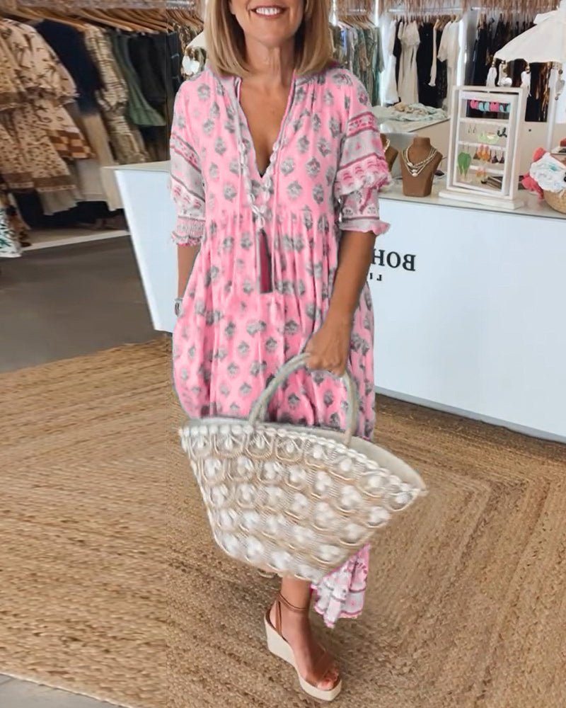 Boho Midi Dress V-Neck Tassel Details Flowy Silhouette - Pink