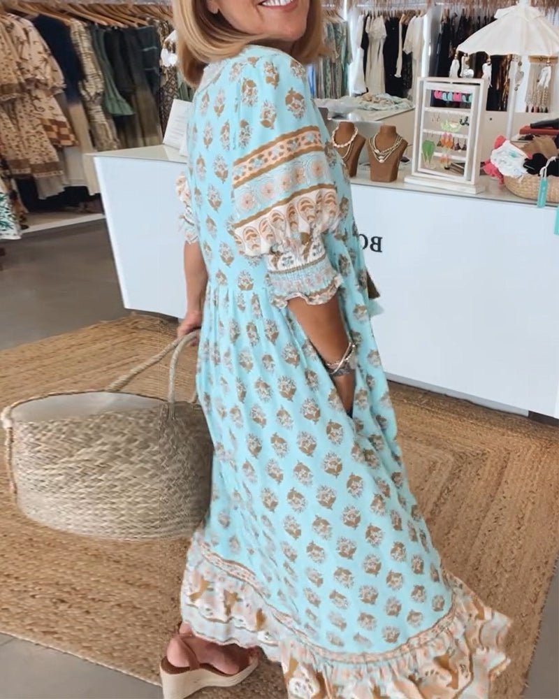 Boho Midi Dress V-Neck Tassel Details Flowy Silhouette