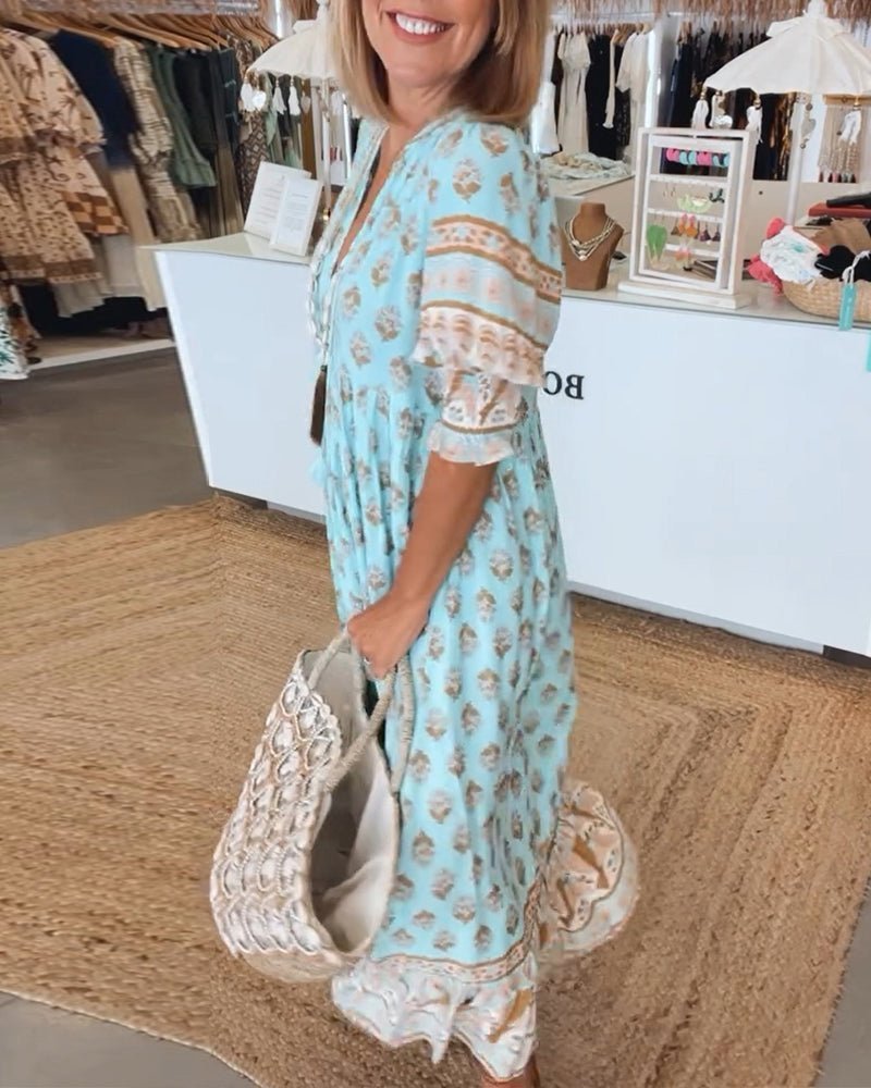 Boho Midi Dress V-Neck Tassel Details Flowy Silhouette