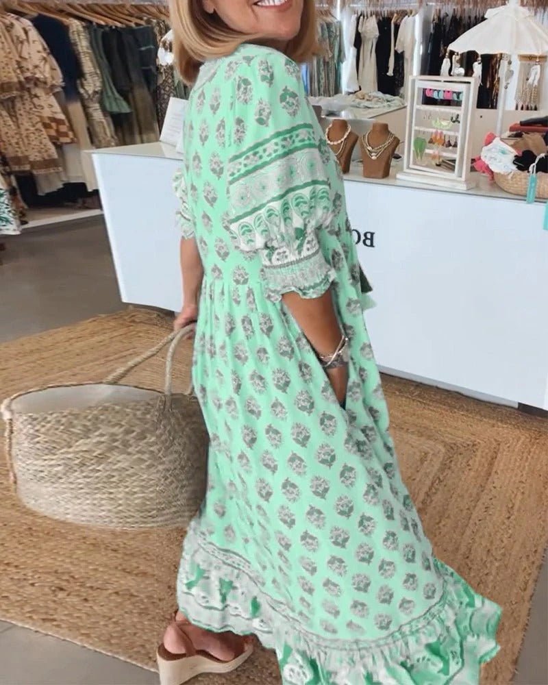 Boho Midi Dress V-Neck Tassel Details Flowy Silhouette