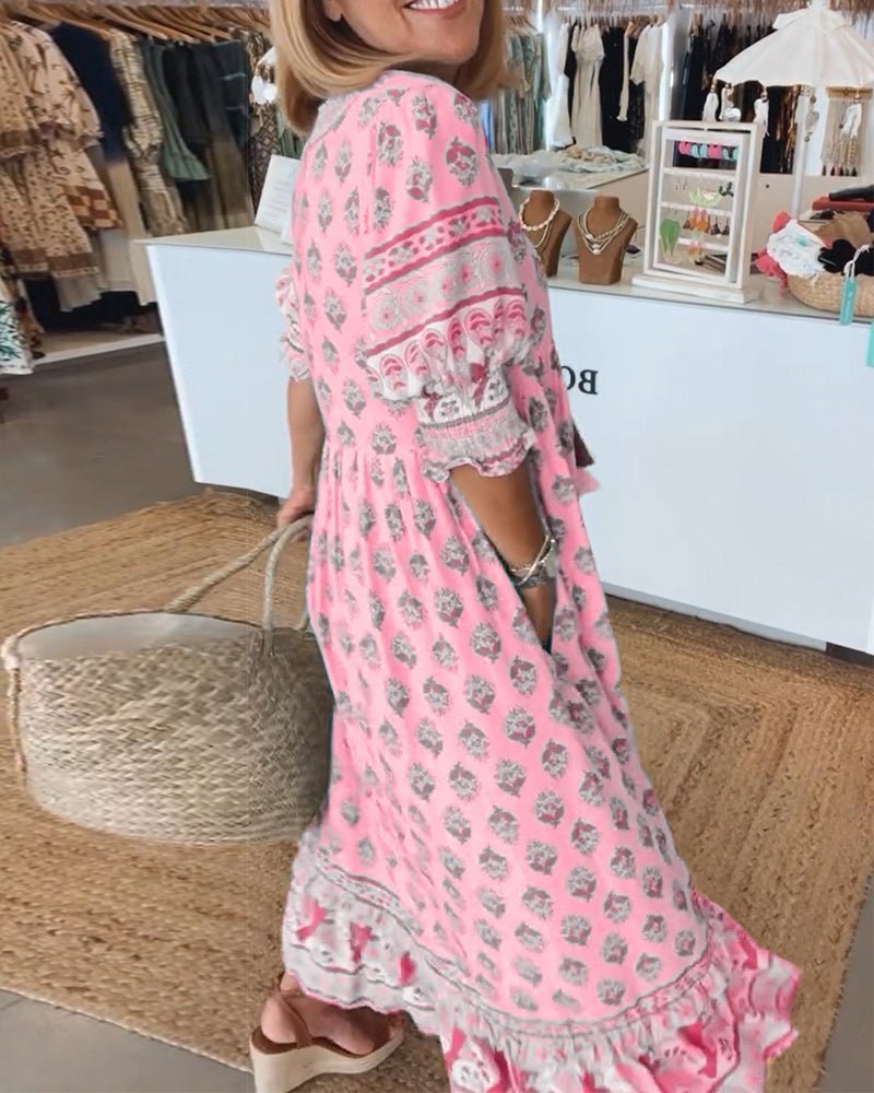 Boho Midi Dress V-Neck Tassel Details Flowy Silhouette