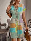Boho Mini Dress Button Front V-Neck Geometric Print - Multicolor