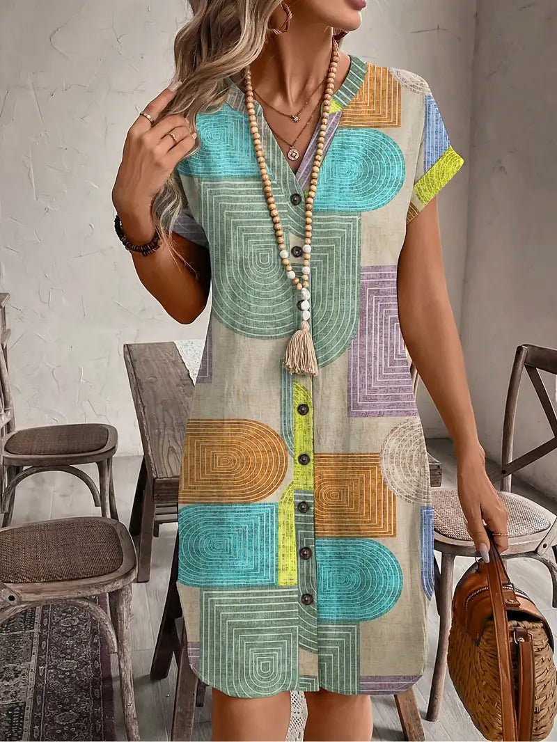 Boho Mini Dress Button Front V-Neck Geometric Print - Multicolor