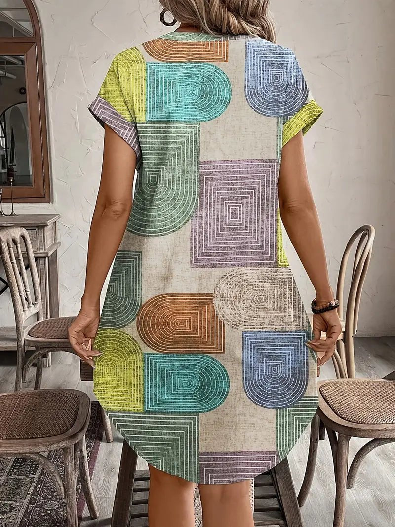Boho Mini Dress Button Front V-Neck Geometric Print