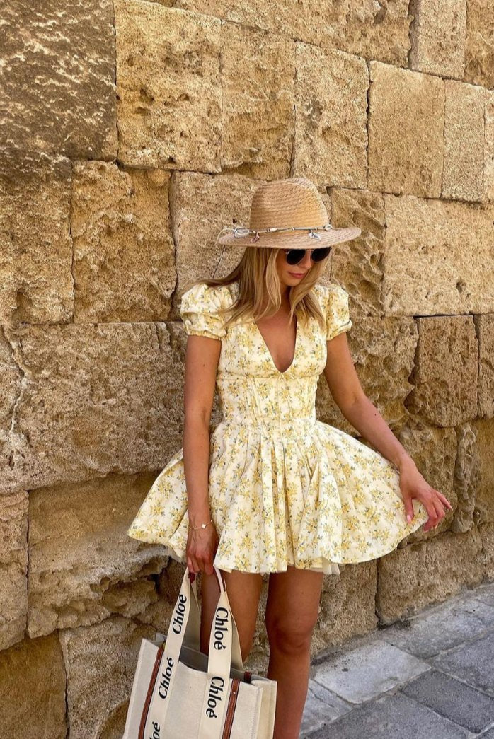Boho Mini Dress Floral Puff Sleeve Open Back A-Line