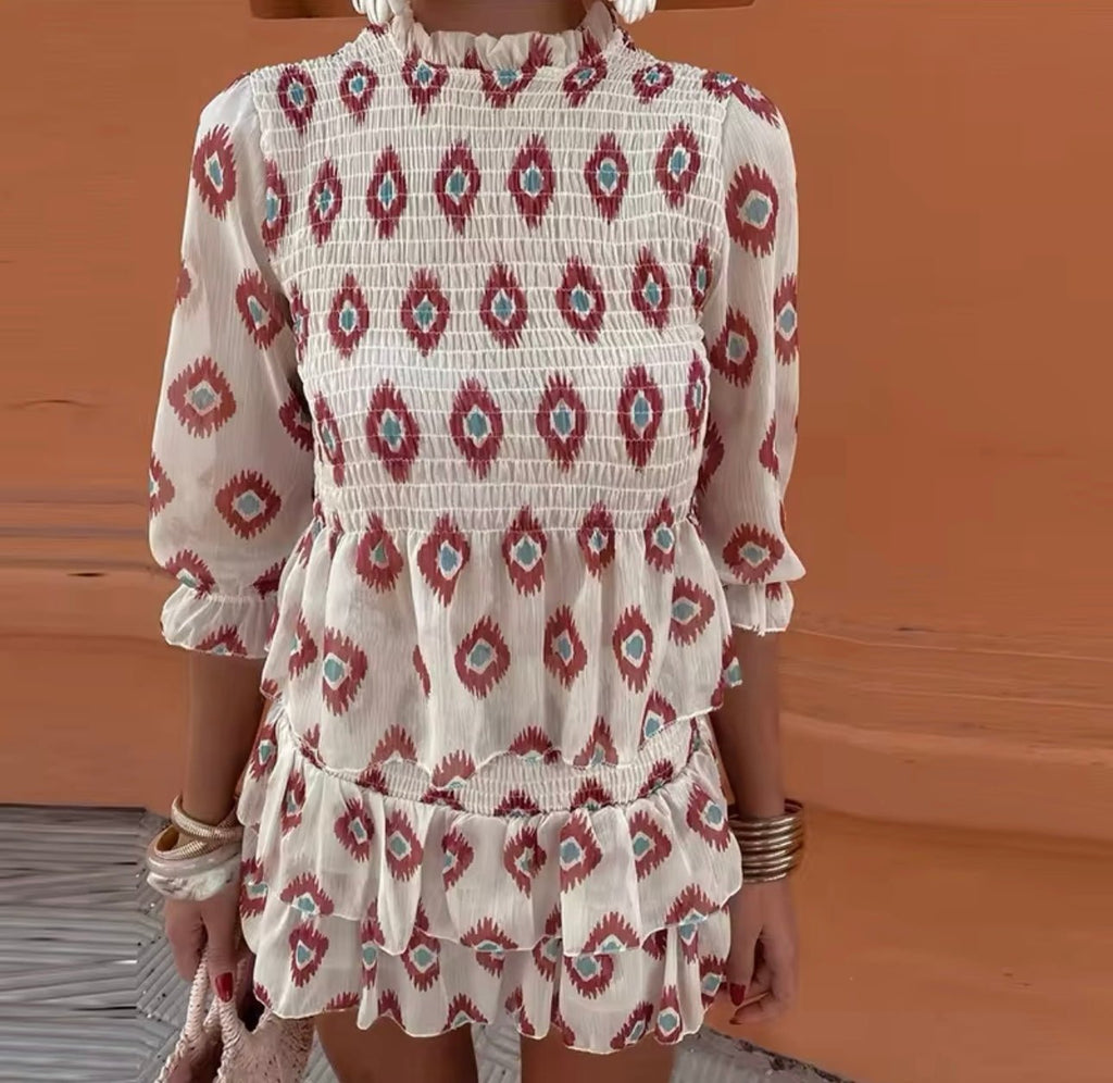 Boho Mini Dress Long Sleeve Smocked Ruffle Tiered
