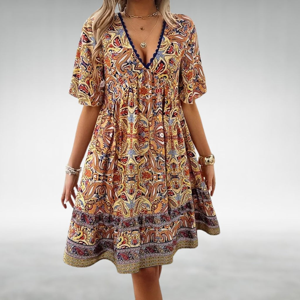 Boho Mini Dress Paisley Print V-Neck Short Sleeve - Yellow