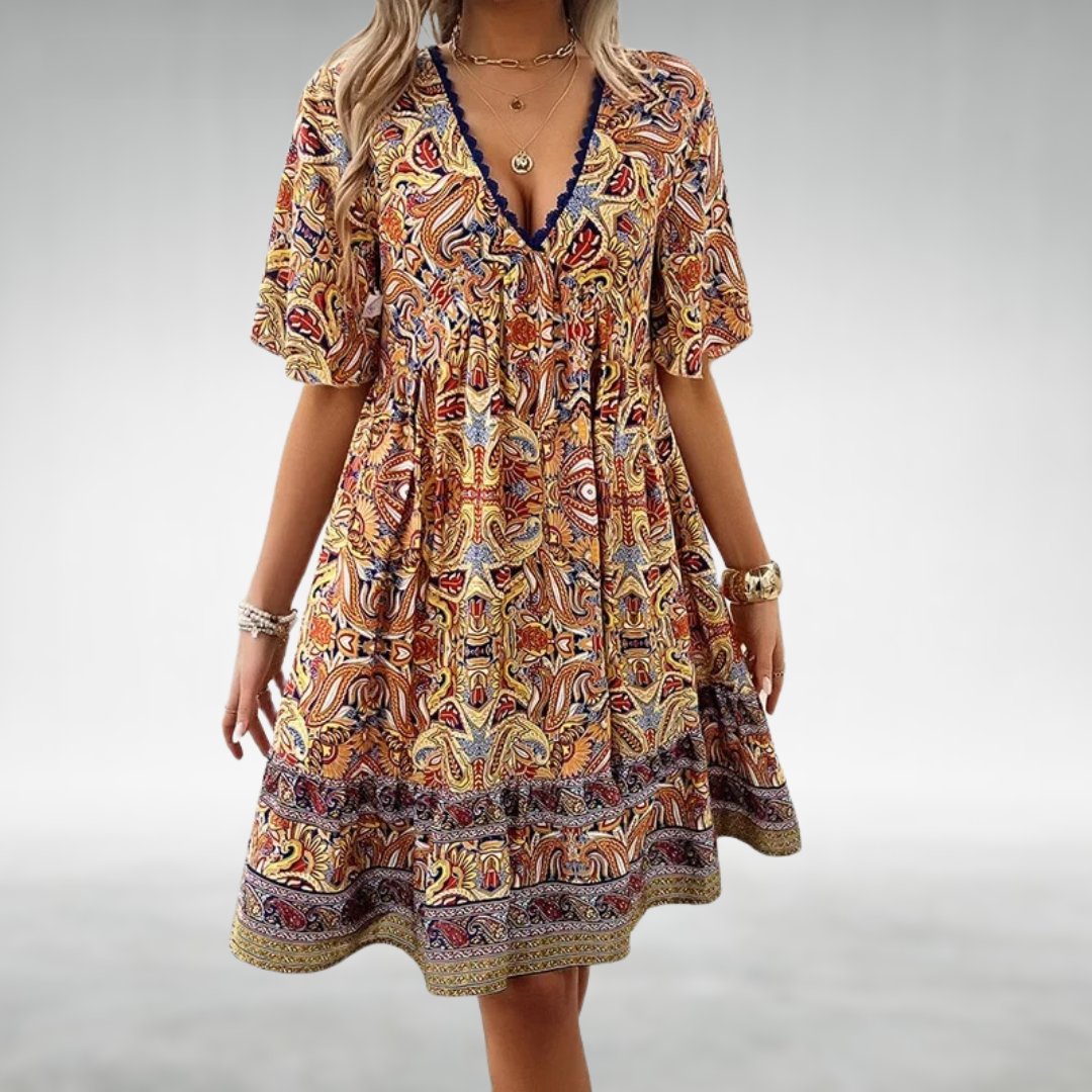 Boho Mini Dress Paisley Print V-Neck Short Sleeve - Yellow