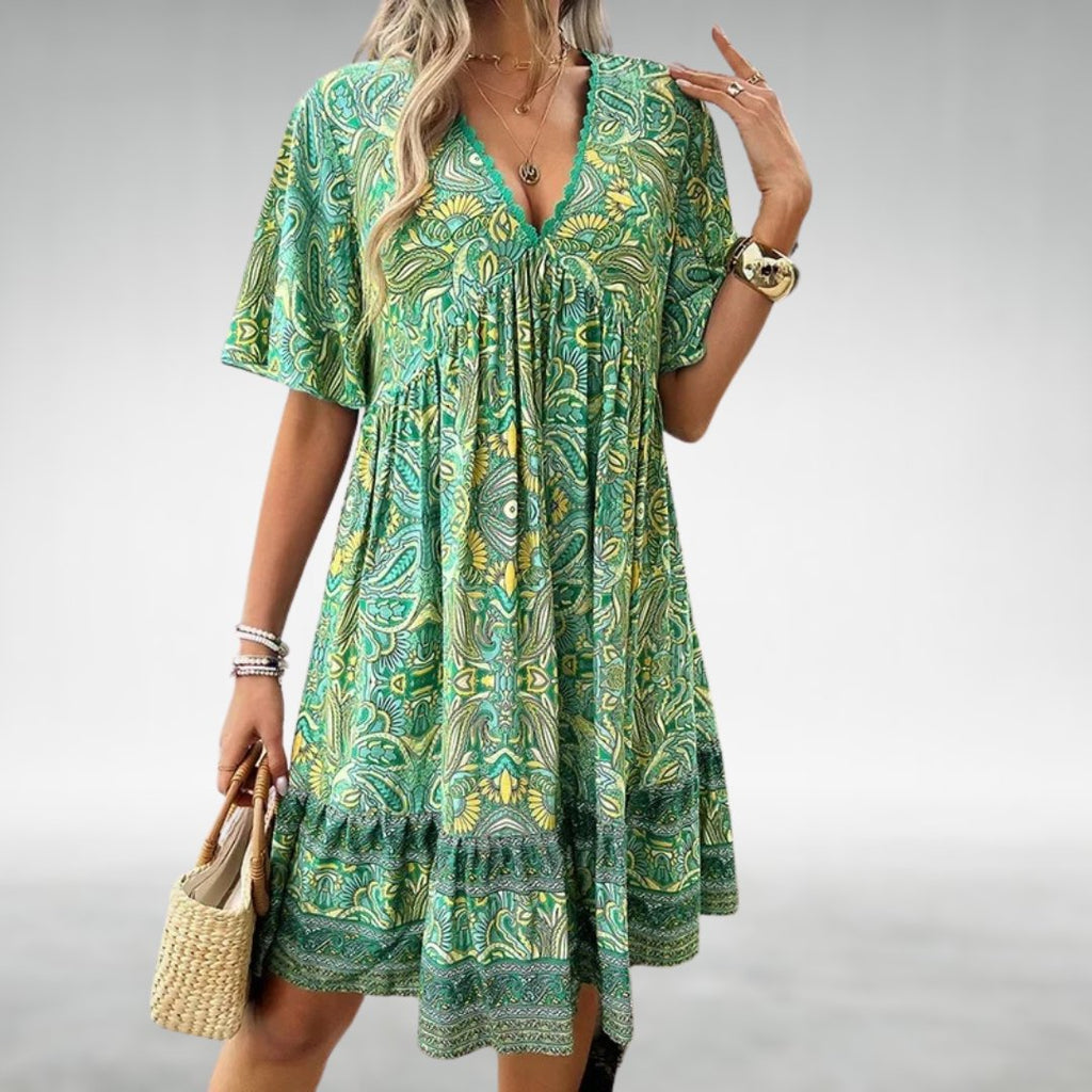 Boho Mini Dress Paisley Print V-Neck Short Sleeve - Green