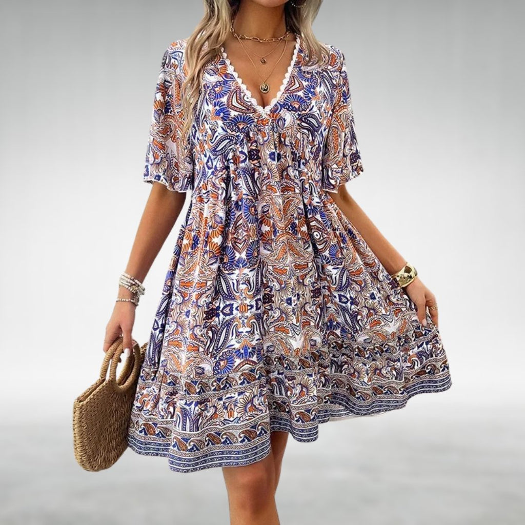 Boho Mini Dress Paisley Print V-Neck Short Sleeve - Blue