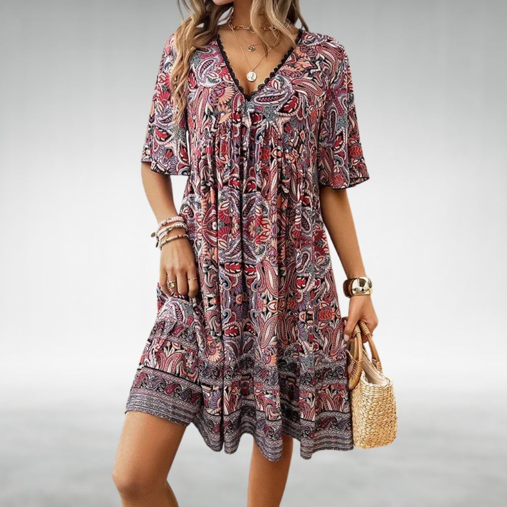 Boho Mini Dress Paisley Print V-Neck Short Sleeve - Red