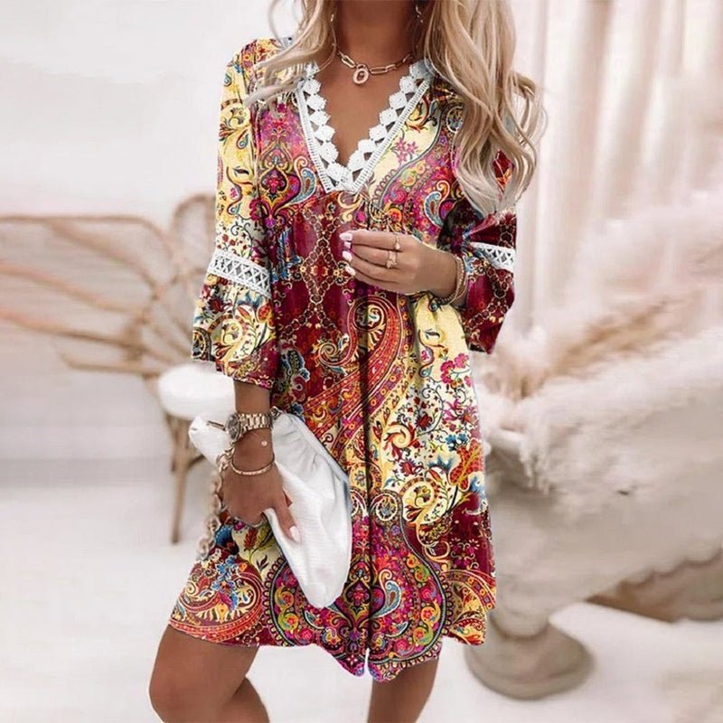Boho Mini Dress V-Neck Floral Print Long Sleeve Loose Fit - Red