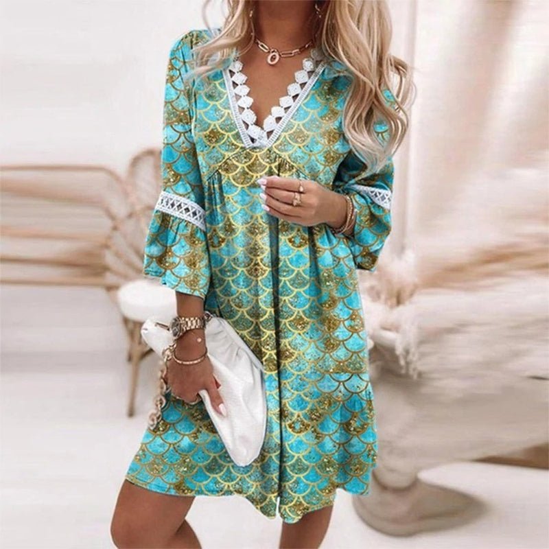 Boho Mini Dress V-Neck Floral Print Long Sleeve Loose Fit - Green