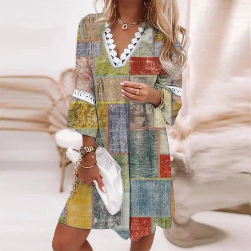 Boho Mini Dress V-Neck Floral Print Long Sleeve Loose Fit - Yellow