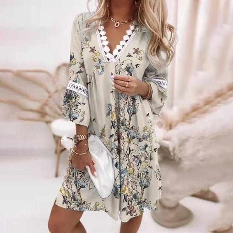 Boho Mini Dress V-Neck Floral Print Long Sleeve Loose Fit - Light grey