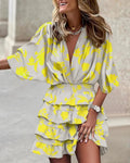Boho Mini Dress V-Neck Smocked Waist Ruffle Tiered - Yellow