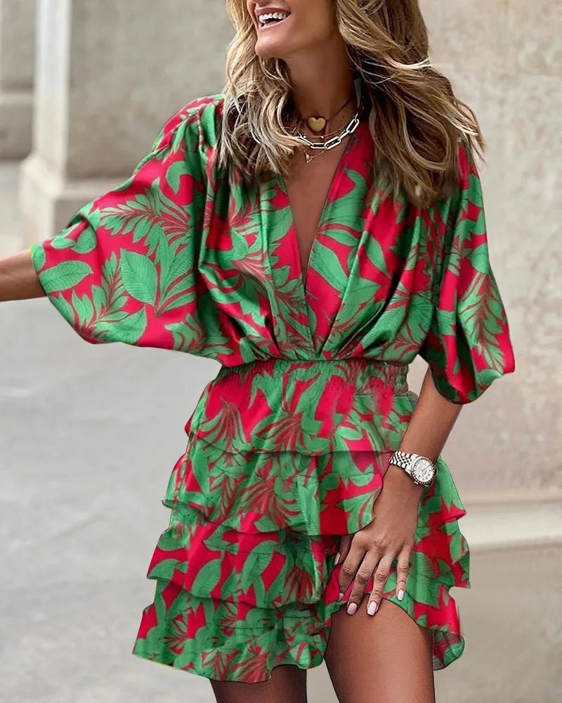Boho Mini Dress V-Neck Smocked Waist Ruffle Tiered - Green
