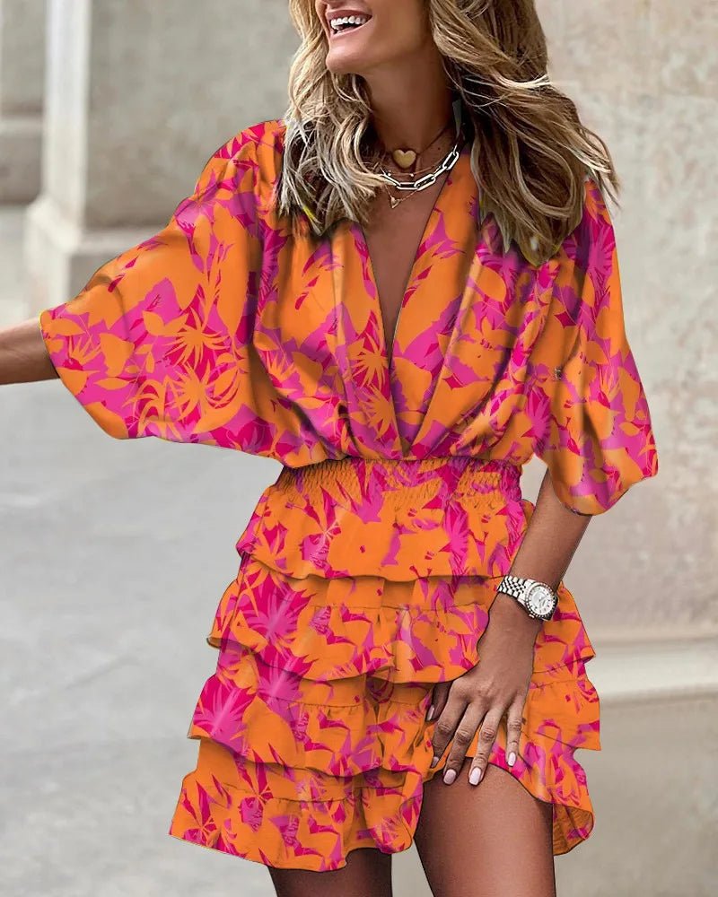 Boho Mini Dress V-Neck Smocked Waist Ruffle Tiered - Orange