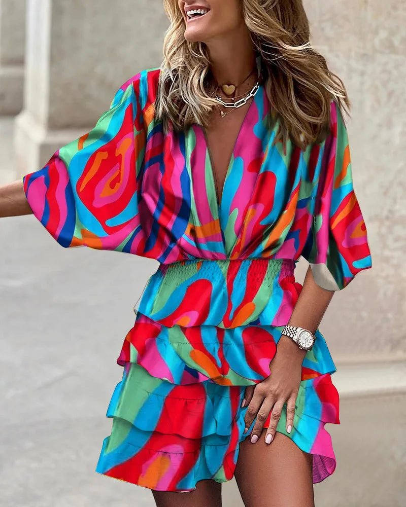 Boho Mini Dress V-Neck Smocked Waist Ruffle Tiered - Multicolor