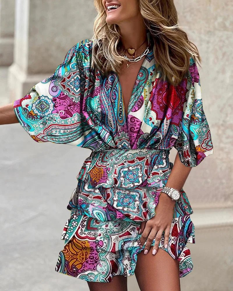 Boho Mini Dress V-Neck Smocked Waist Ruffle Tiered - Blue