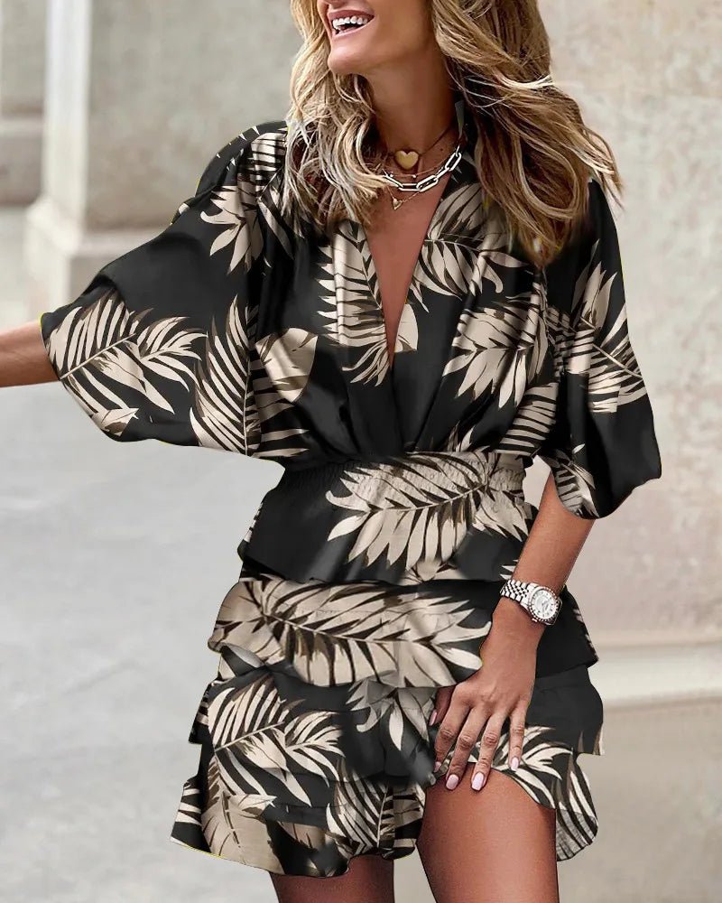 Boho Mini Dress V-Neck Smocked Waist Ruffle Tiered - Black
