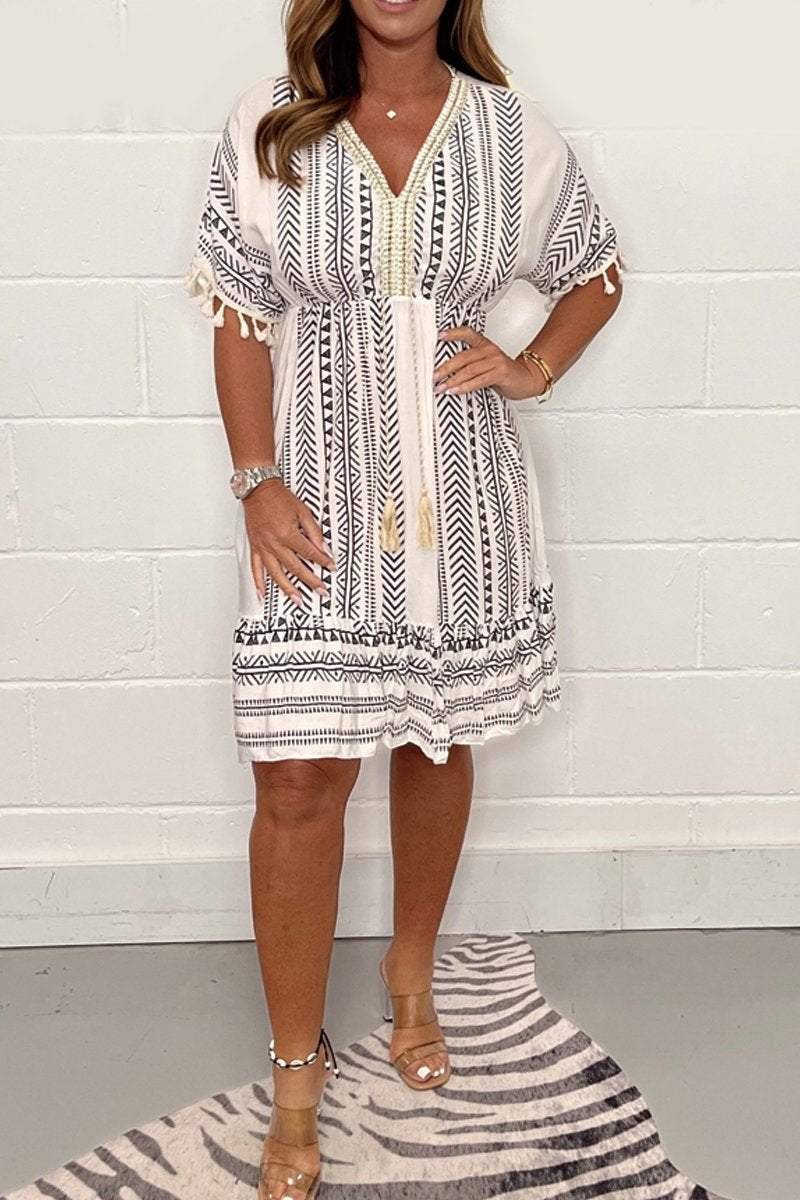 Boho Mini Dress V-Neck Tassel Geometric Print Summer - Gray