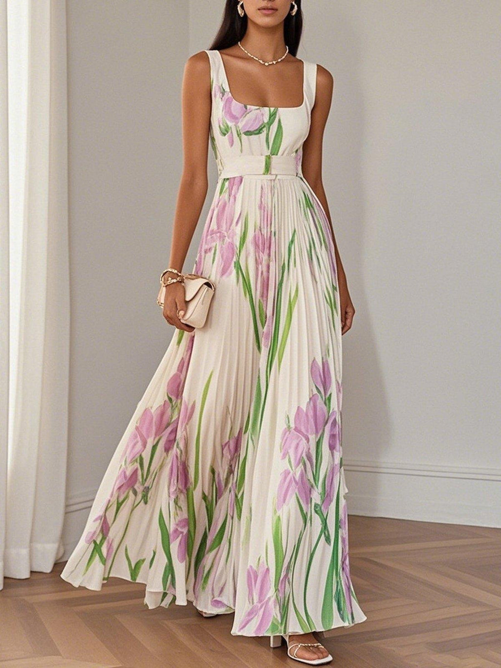 Boho Pleated Maxi Dress Square Neckline A-Line Sleeveless - White