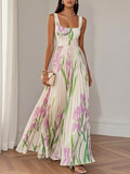 Boho Pleated Maxi Dress Square Neckline A-Line Sleeveless - White