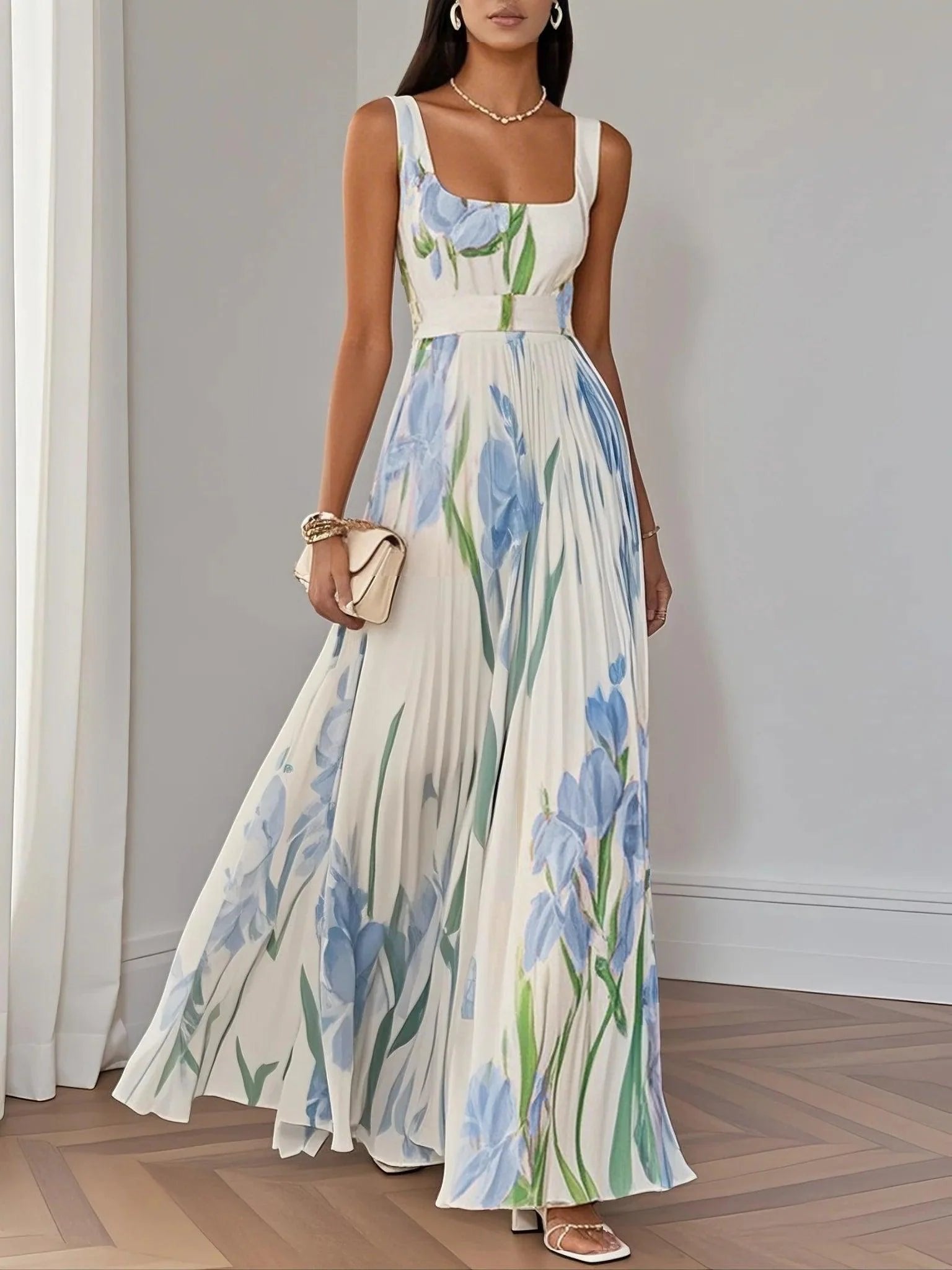 Boho Pleated Maxi Dress Square Neckline A-Line Sleeveless - Light Blue