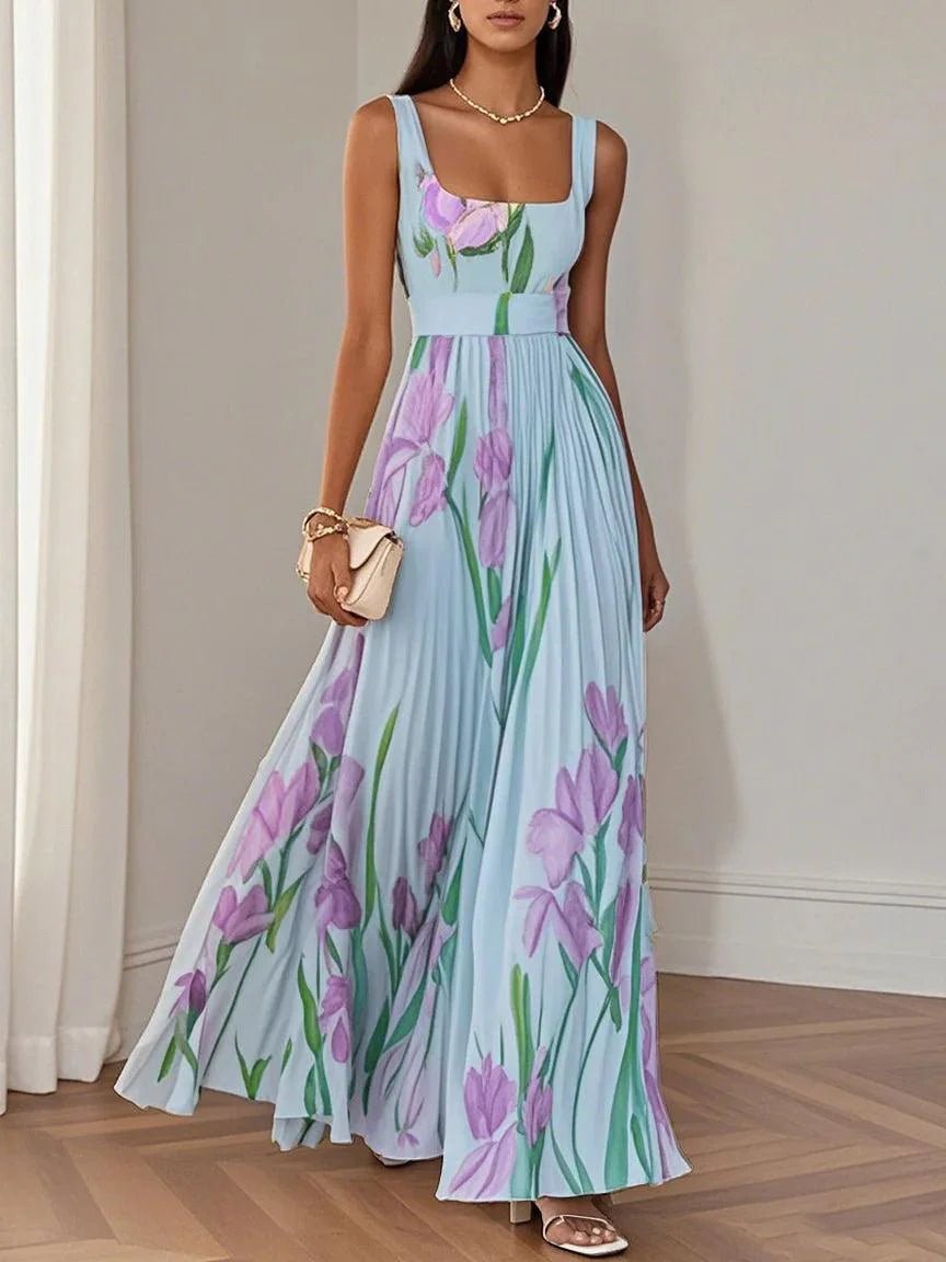 Boho Pleated Maxi Dress Square Neckline A-Line Sleeveless - Blue