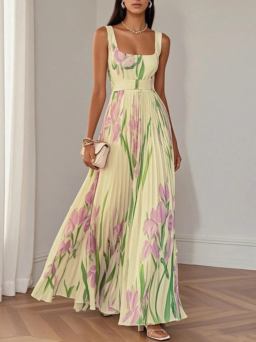 Boho Pleated Maxi Dress Square Neckline A-Line Sleeveless - Yellow