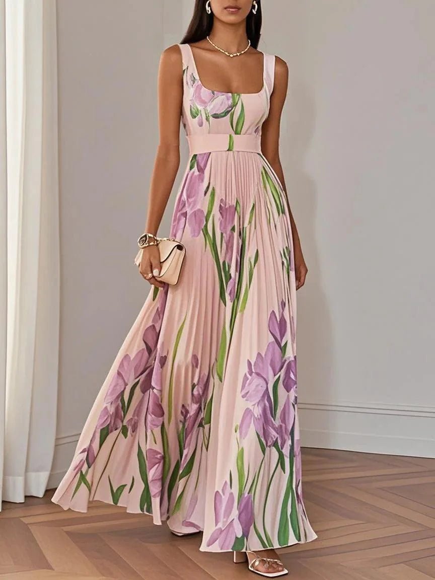 Boho Pleated Maxi Dress Square Neckline A-Line Sleeveless - Pink