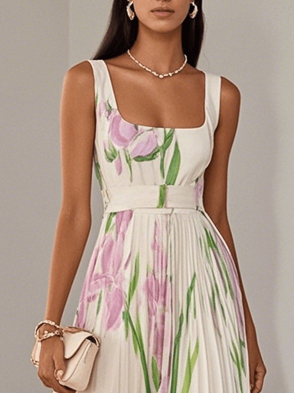 Boho Pleated Maxi Dress Square Neckline A-Line Sleeveless
