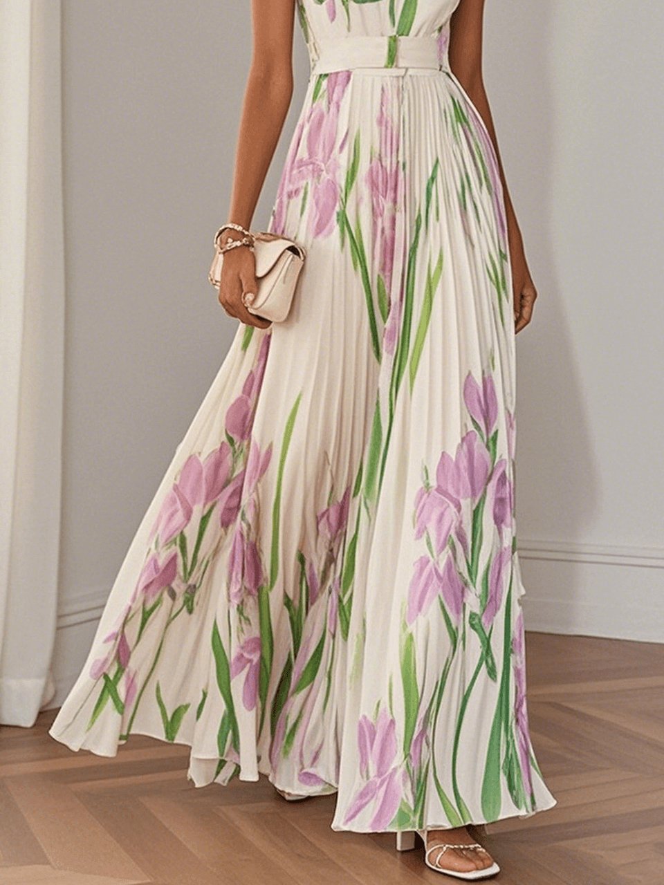 Boho Pleated Maxi Dress Square Neckline A-Line Sleeveless