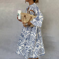 Boho Print V-Neck Swing Dress 3/4 Sleeve A-Line - Blue