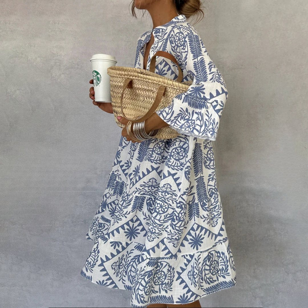 Boho Print V-Neck Swing Dress 3/4 Sleeve A-Line - Blue