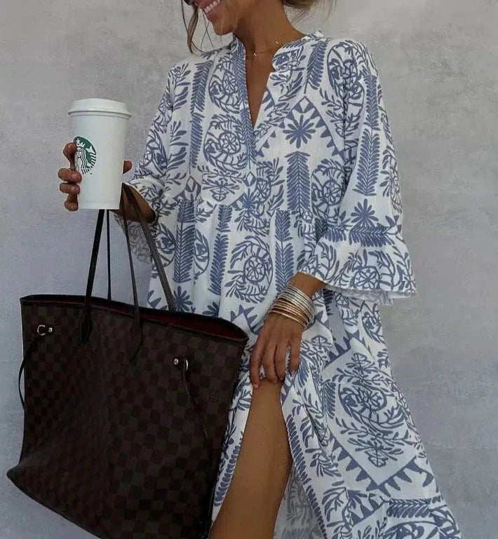 Boho Print V-Neck Swing Dress 3/4 Sleeve A-Line