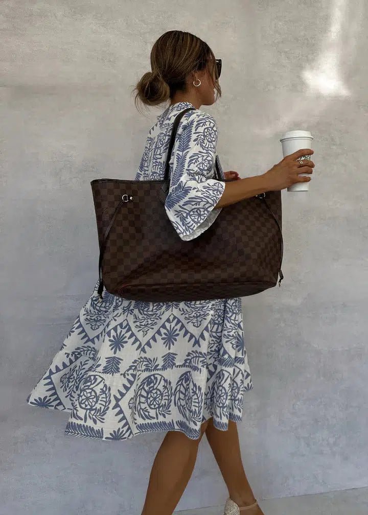 Boho Print V-Neck Swing Dress 3/4 Sleeve A-Line