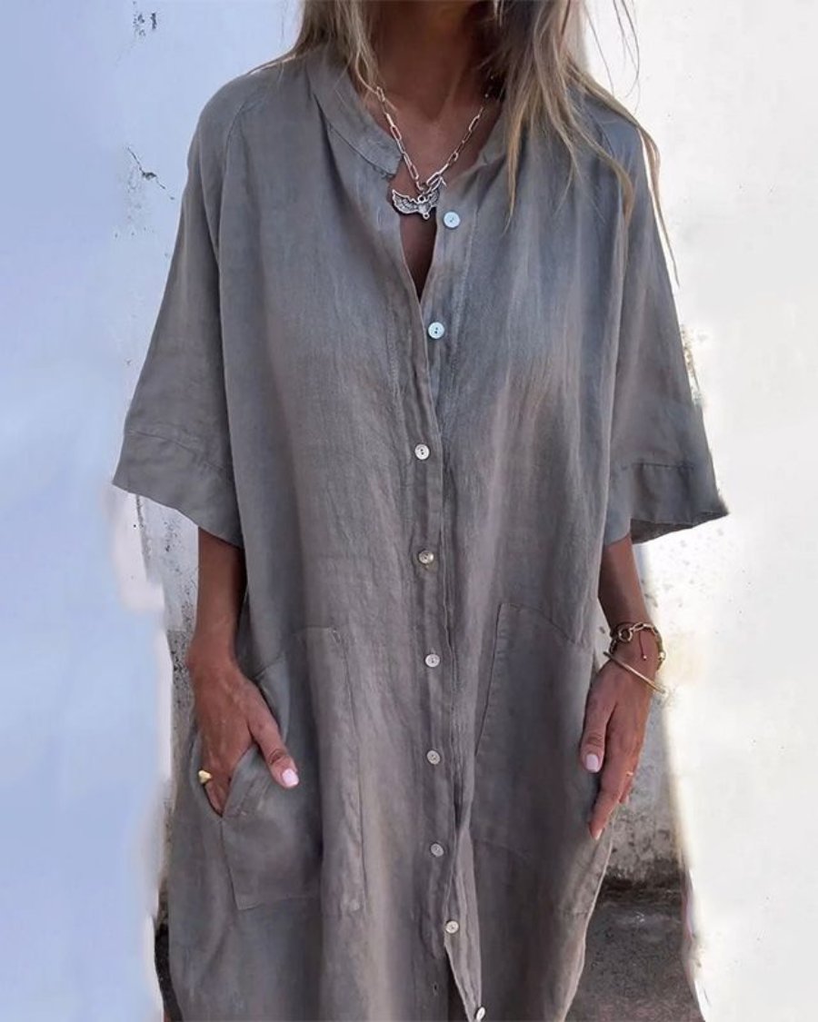 Boho Shirt Dress Button-Down Linen Relaxed Fit - Grey