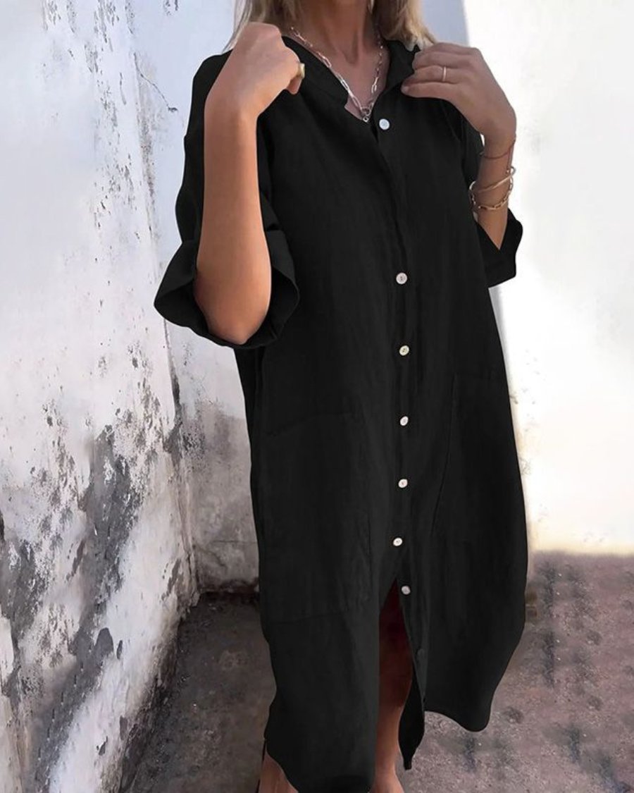 Boho Shirt Dress Button-Down Linen Relaxed Fit - Black