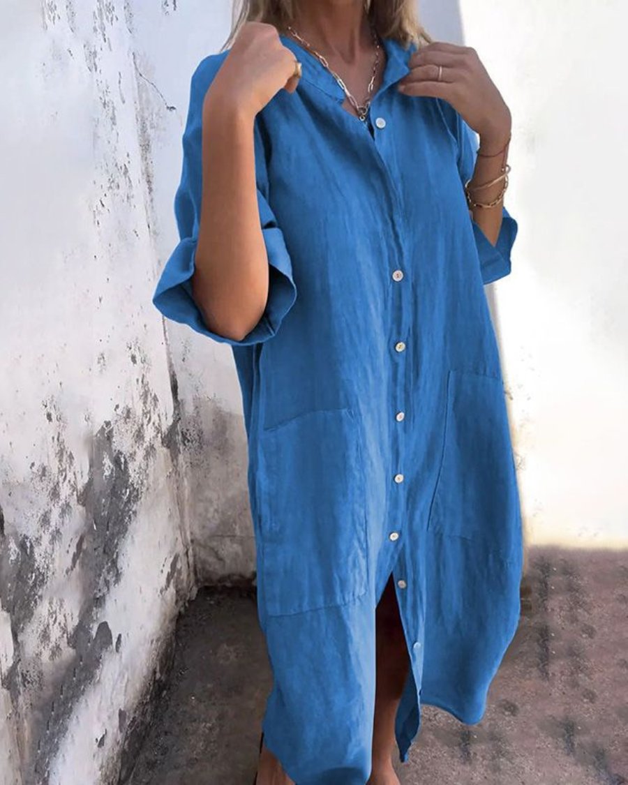 Boho Shirt Dress Button-Down Linen Relaxed Fit - Blue