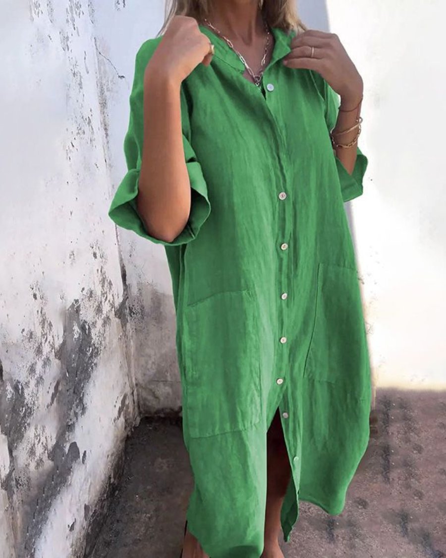 Boho Shirt Dress Button-Down Linen Relaxed Fit - Green