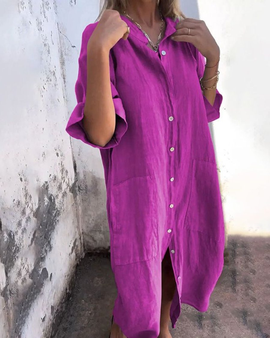Boho Shirt Dress Button-Down Linen Relaxed Fit - Purple