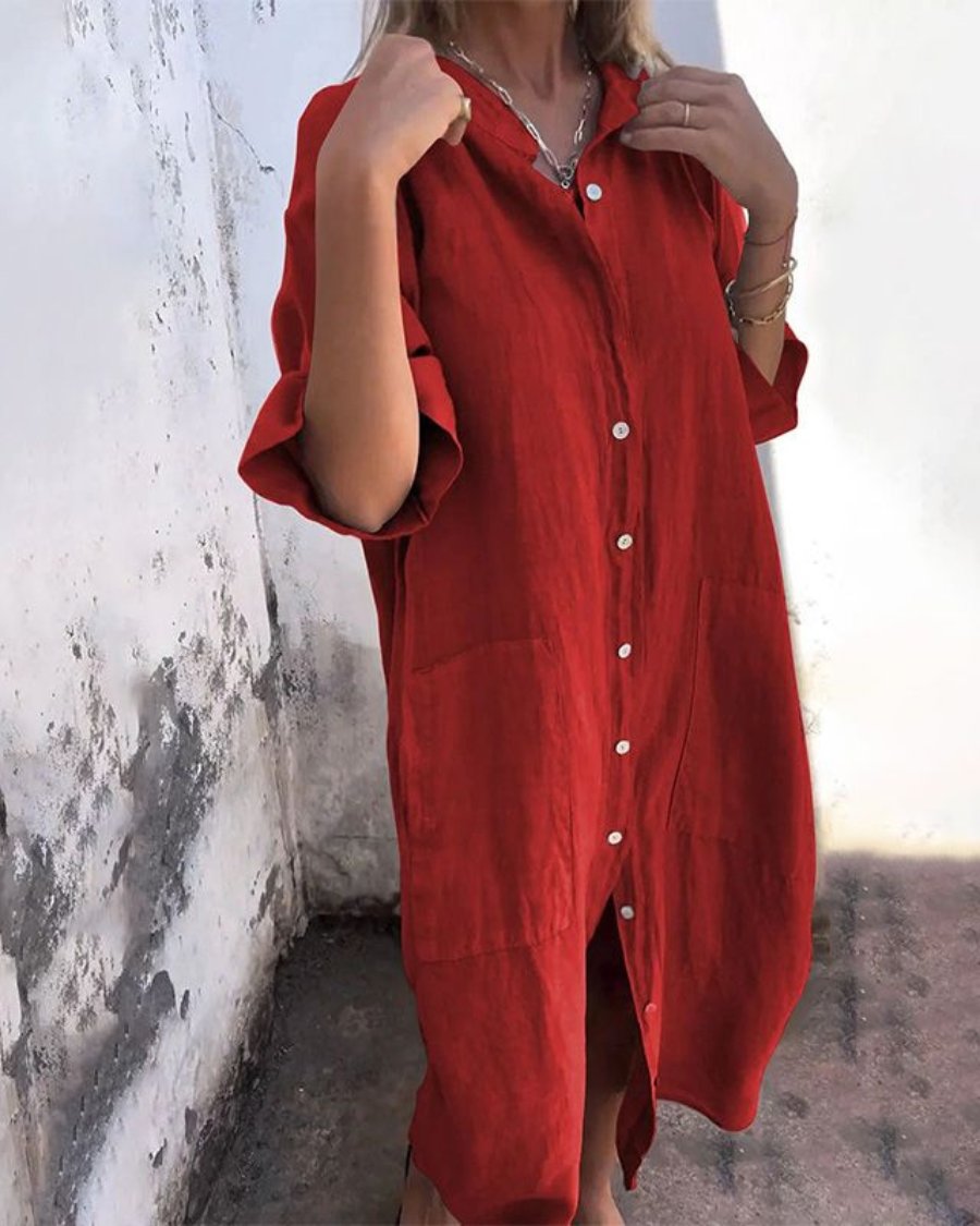 Boho Shirt Dress Button-Down Linen Relaxed Fit - Red