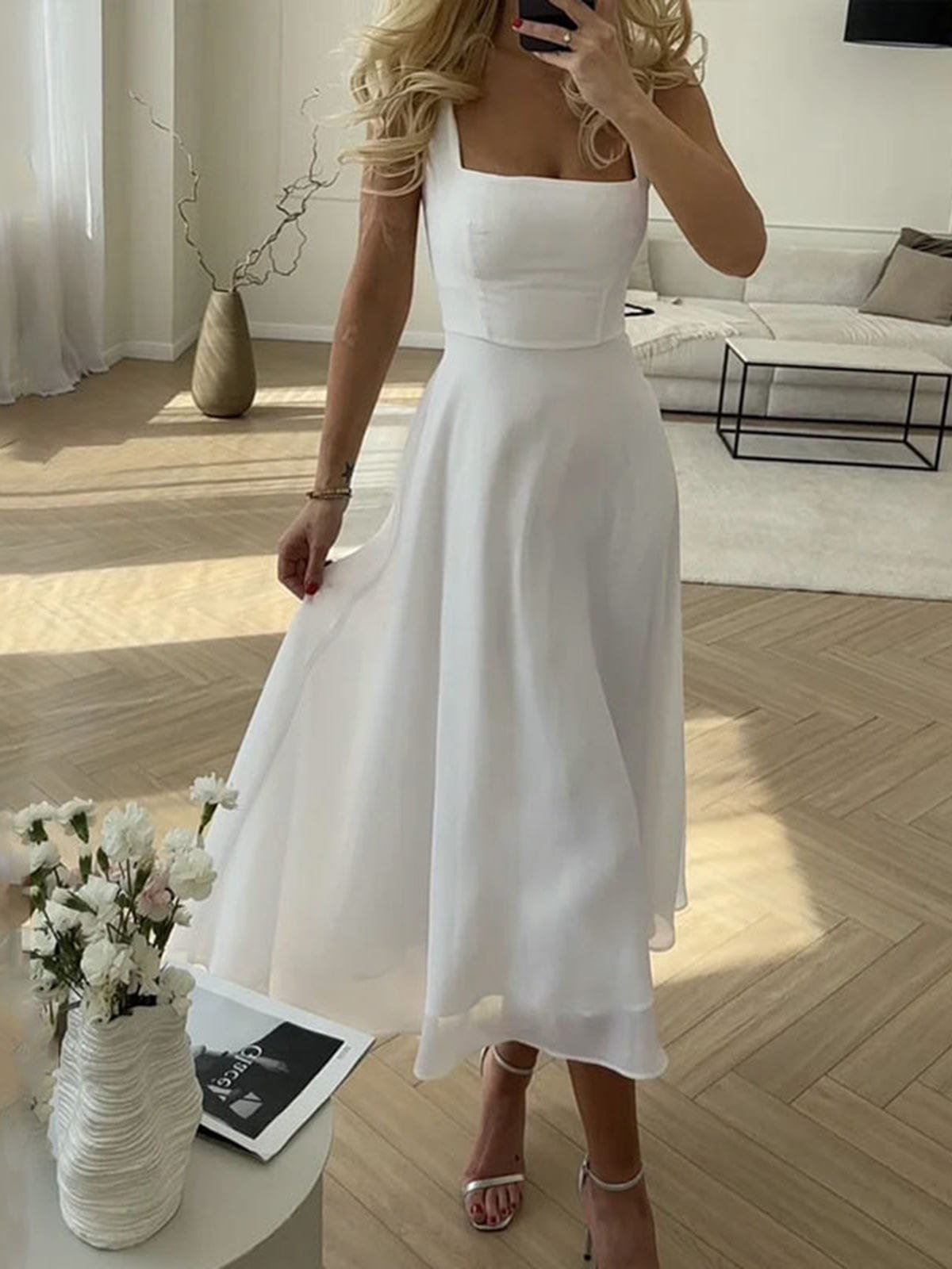Boho Square Neck Midi Dress A-Line Summer Wedding - White