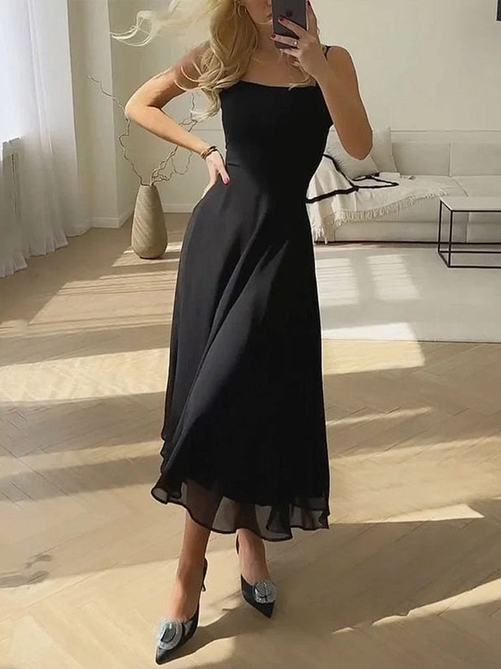 Boho Square Neck Midi Dress A-Line Summer Wedding - Black