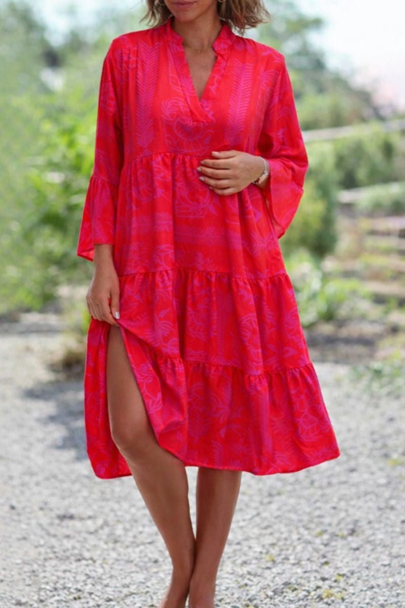 Boho Tiered Midi Dress V-Neck Long Sleeve Flowy - Red
